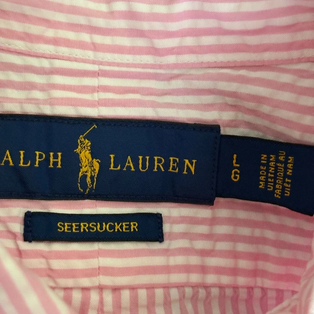 Polo Ralph Lauren Mens Pink White Seersucker Striped Short Sleeve Shirt L Preppy